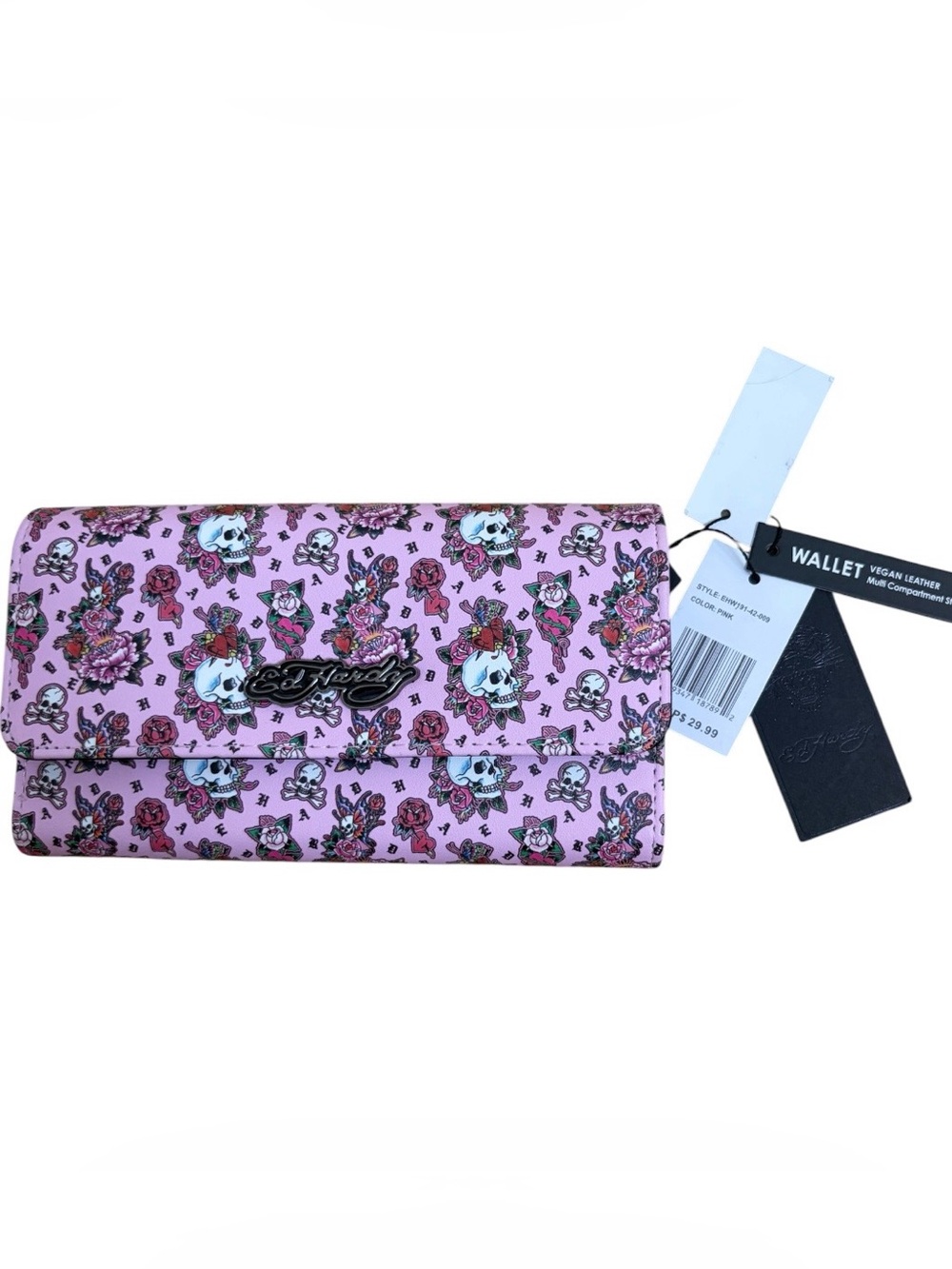 ED HARDY pink floral skull trifold wallet NWT tattoo